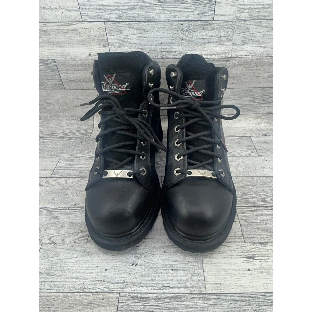 Thorogood Black Leather Lace Up Ankle Work Boots Mens 7.5‎ Wide Womens 9.5 Wide